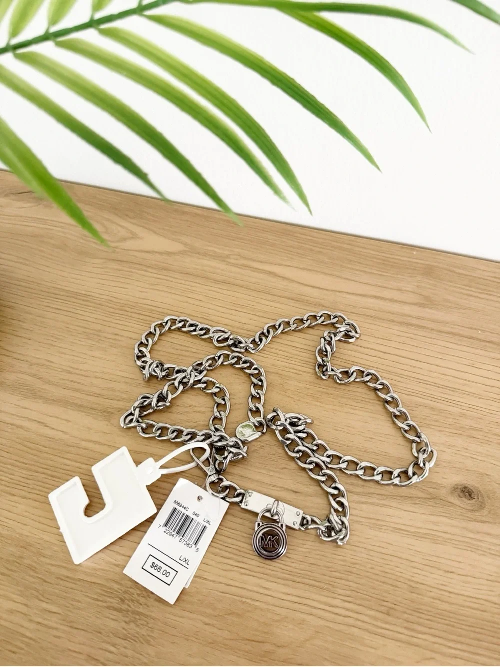 NEW Michael Michael Kors Silver-Tone MK Logo Adjustable Chain Belt Size L/XL